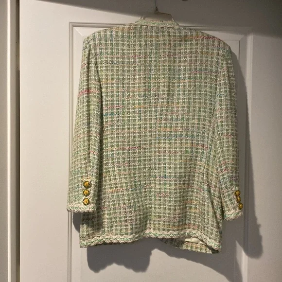 Looks like designer  Pastel Tweed Jacket w/ green trim on  edges;pretty buttons. - Picture 3 of 4